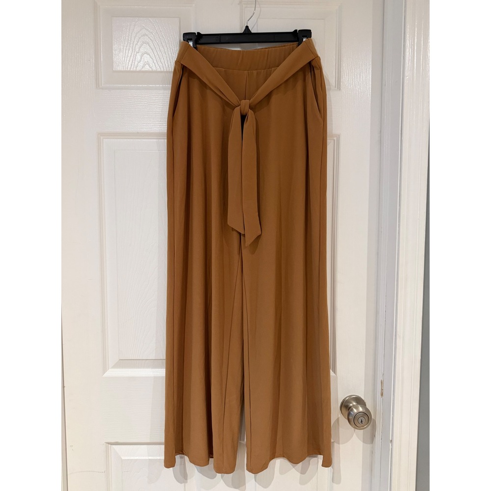 T Tahari Wide Leg Tie Waist Pants Toffee Brown Crepe Medium NWT Earthy Tan